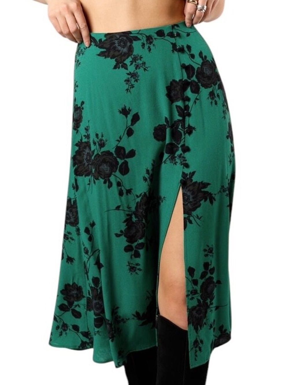 Band of the Free-Emerald Green Floral Midi Skirt with Front Slit-NWT